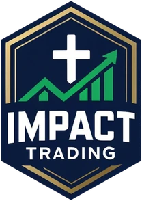Impact Trading logo: cross over a rising green chart